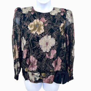 VINTAGE HAL FERMAN METALLIC FLORAL 80'S SHEER SLEEVE TOP W/ BOW ACCENT - 12 USA